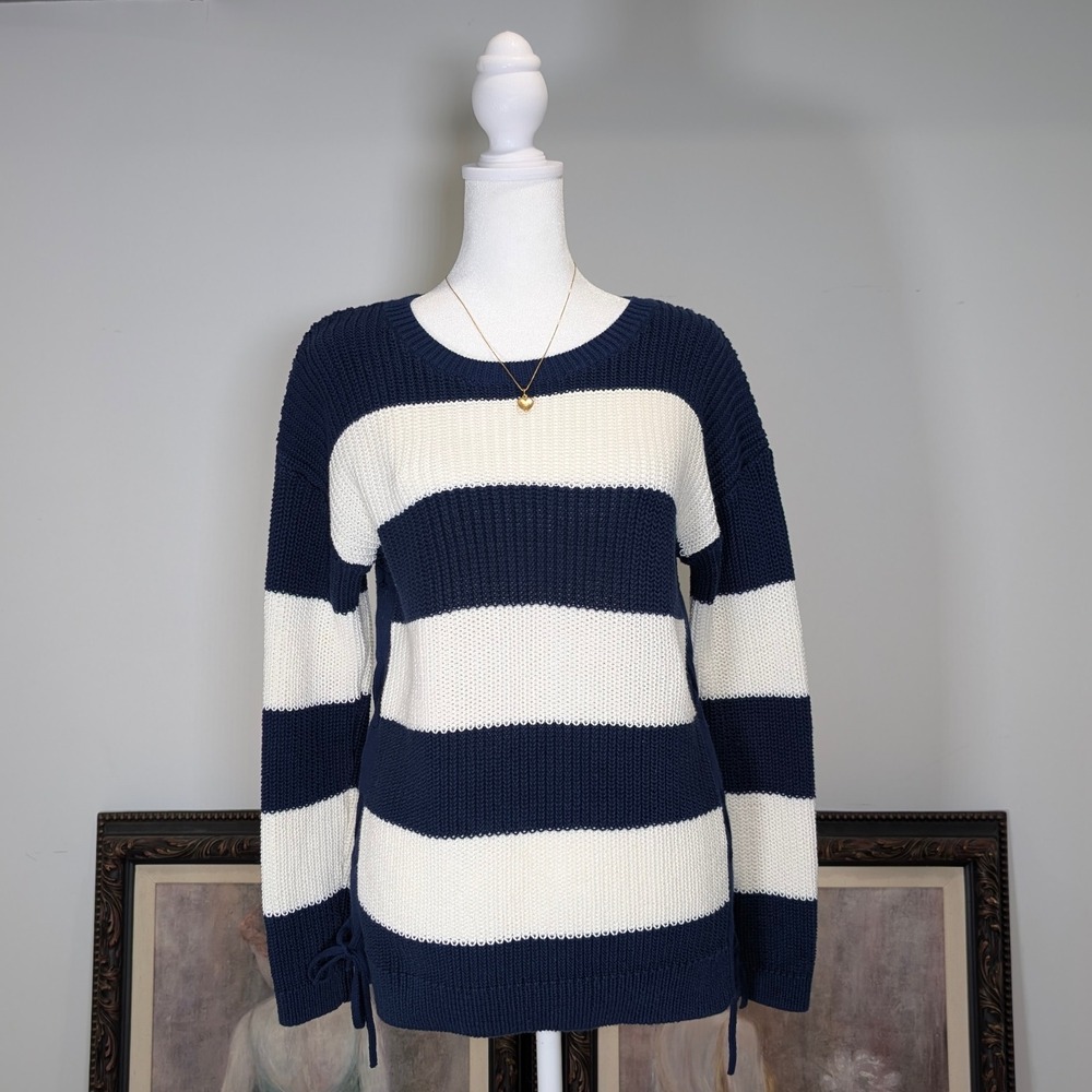 Talbots Striped Nautical Coastal Vibe Knit Sweater Lace Up Side Navy Cream M